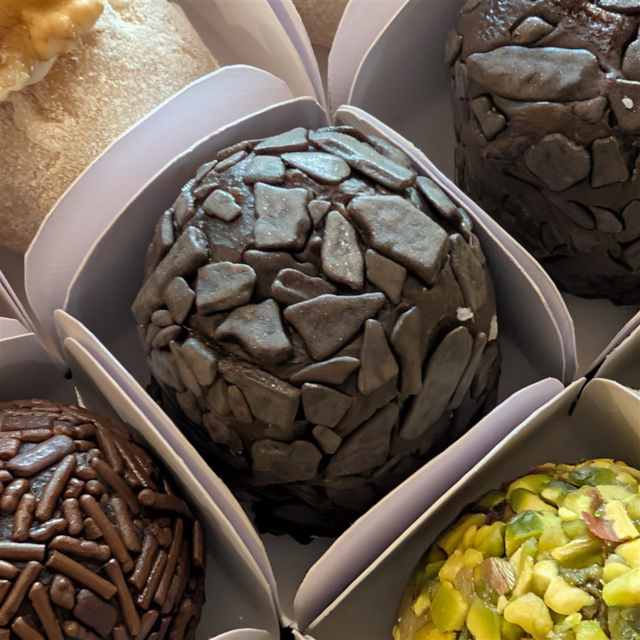Brigadeiros ricoperti di cioccolato e granella di pistacchio nei loro pirottini